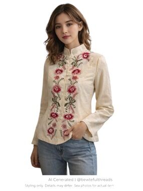 Ivory Floral Embroidered Mandarin Collar Jacket Cottagecore Boho Chic